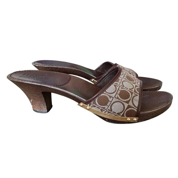Salvatore Ferragamo Wood Slide Sandals Brown Light Blue Logo size 8 - Picture 1 of 11